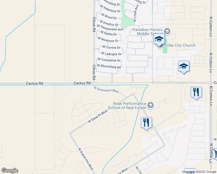 map of restaurants, bars, coffee shops, grocery stores, and more near 17801 Cactus Road in Surprise