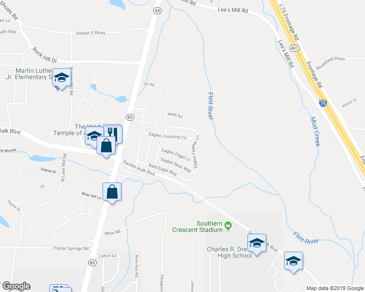 map of restaurants, bars, coffee shops, grocery stores, and more near 373 Eaglets Court in Riverdale