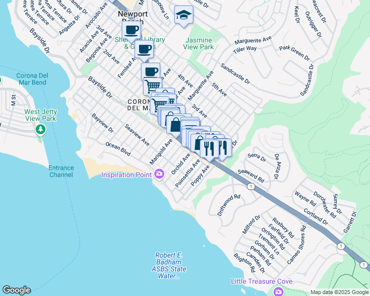 map of restaurants, bars, coffee shops, grocery stores, and more near 312 Narcissus Avenue in Newport Beach