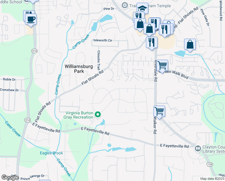 map of restaurants, bars, coffee shops, grocery stores, and more near Pineglen Drive in Riverdale