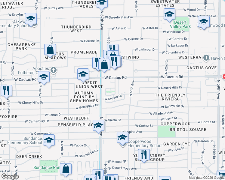 map of restaurants, bars, coffee shops, grocery stores, and more near 6607 West Desert Hills Drive in Glendale