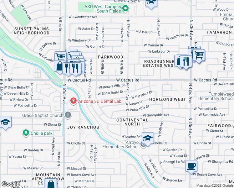 map of restaurants, bars, coffee shops, grocery stores, and more near 4719 West Desert Hills Drive in Glendale