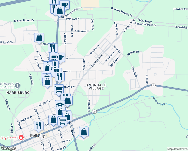 map of restaurants, bars, coffee shops, grocery stores, and more near 605 30th Street North in Pell City