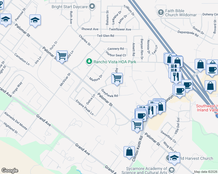 map of restaurants, bars, coffee shops, grocery stores, and more near 22977 Delca Lane in Wildomar