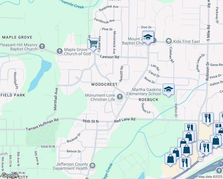 map of restaurants, bars, coffee shops, grocery stores, and more near 100 Red Lane Circle in Birmingham