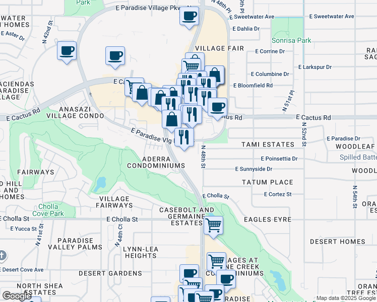 map of restaurants, bars, coffee shops, grocery stores, and more near 4725 East Paradise Village Parkway South in Phoenix