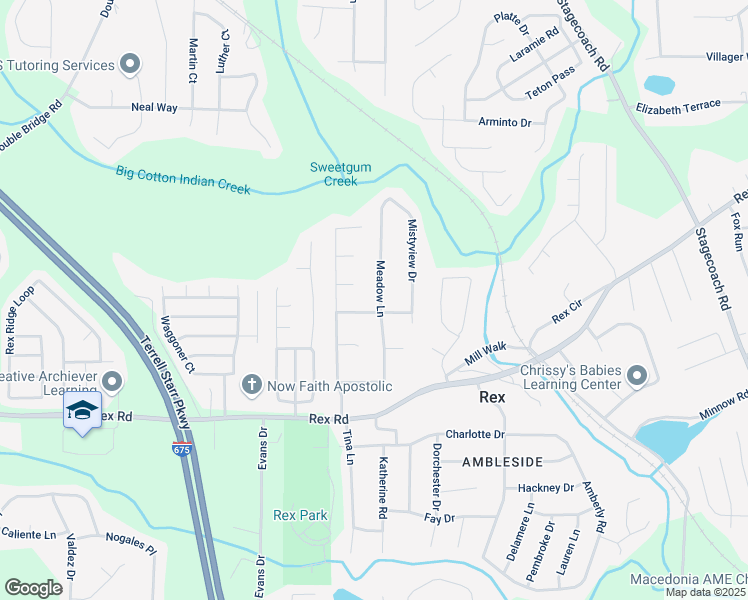map of restaurants, bars, coffee shops, grocery stores, and more near 3544 Meadow Ridge Court in Rex