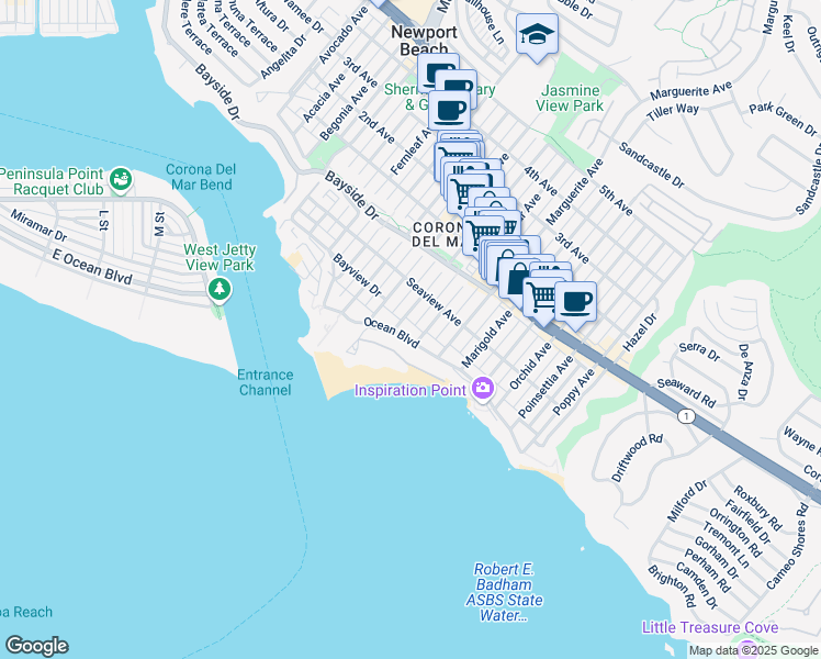 map of restaurants, bars, coffee shops, grocery stores, and more near 219 Jasmine Avenue in Newport Beach