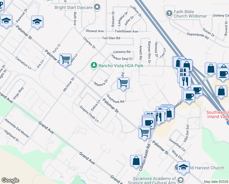 map of restaurants, bars, coffee shops, grocery stores, and more near 22977 Delca Lane in Wildomar