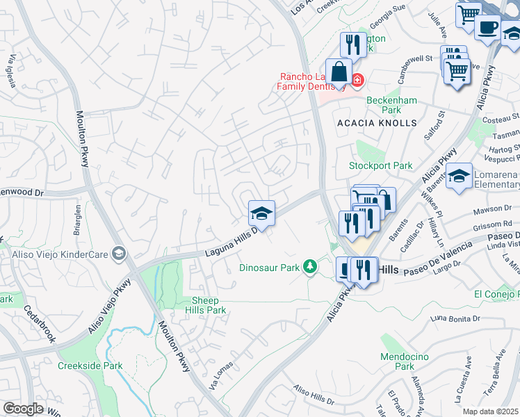 map of restaurants, bars, coffee shops, grocery stores, and more near 863 Ronda Mendoza in Laguna Woods
