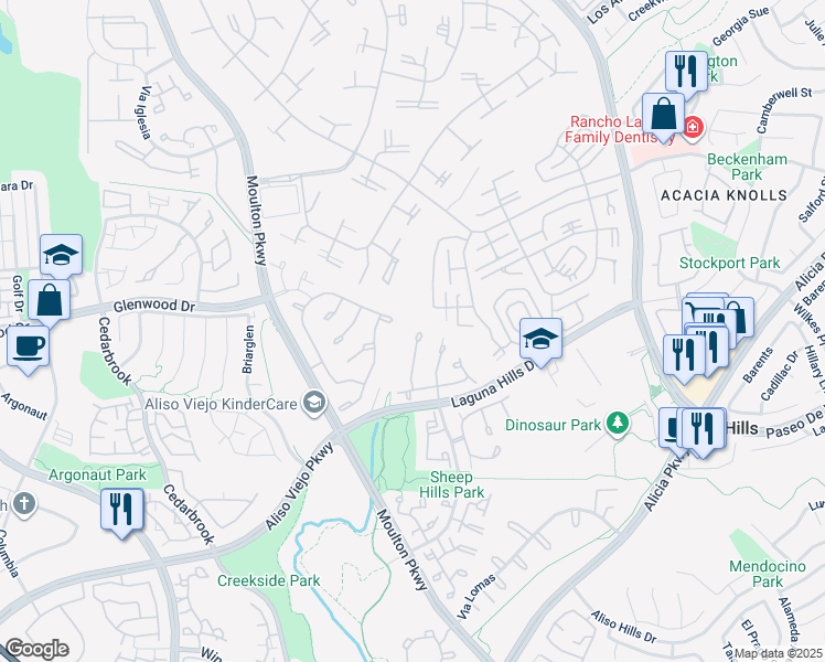 map of restaurants, bars, coffee shops, grocery stores, and more near 11 Misty Creek Lane in Laguna Hills