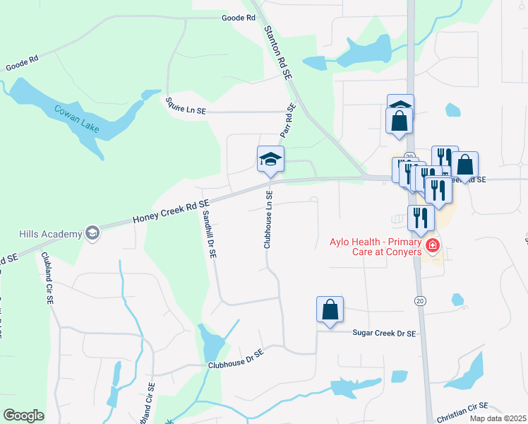 map of restaurants, bars, coffee shops, grocery stores, and more near 3557 Clubhouse Lane Southeast in Conyers