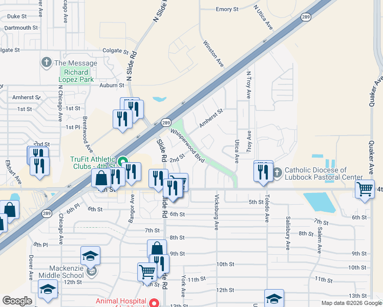 map of restaurants, bars, coffee shops, grocery stores, and more near Whisperwood Boulevard in Lubbock