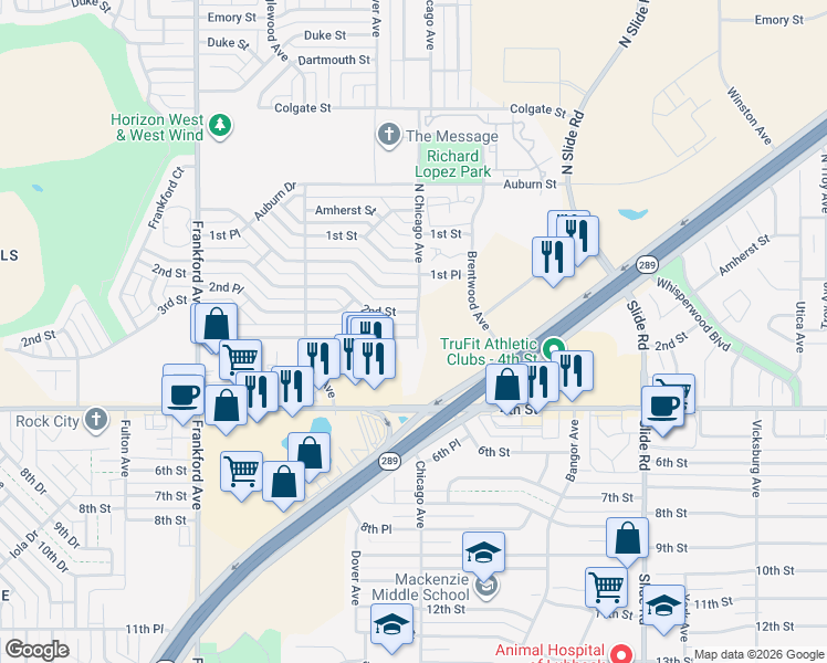 map of restaurants, bars, coffee shops, grocery stores, and more near 177-199 Chicago Ave in Lubbock