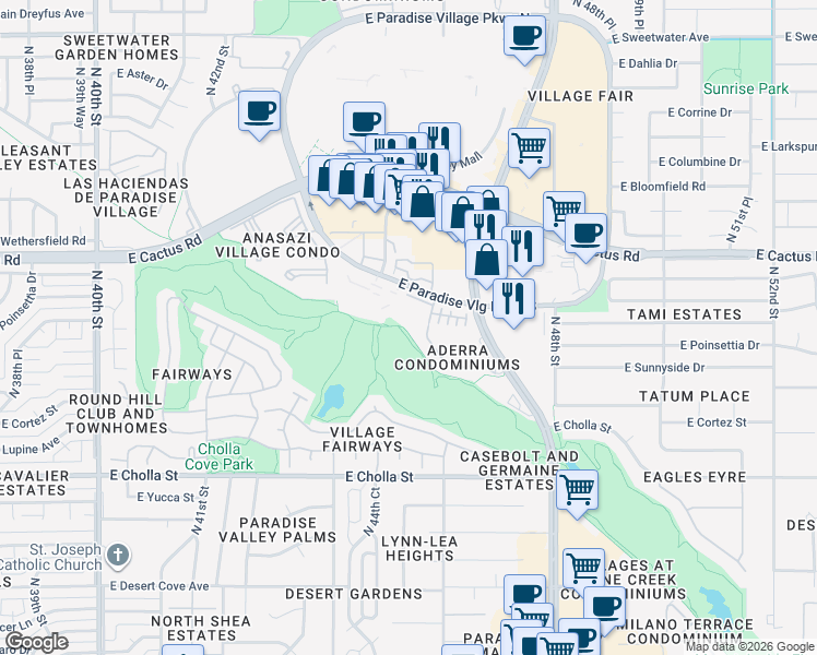 map of restaurants, bars, coffee shops, grocery stores, and more near 4455 East Paradise Village Parkway South in Phoenix