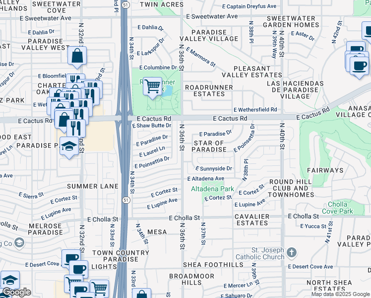 map of restaurants, bars, coffee shops, grocery stores, and more near 3620 East Laurel Lane in Phoenix