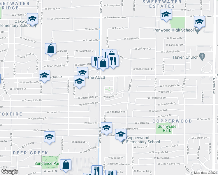 map of restaurants, bars, coffee shops, grocery stores, and more near 6617 West Shaw Butte Drive in Glendale