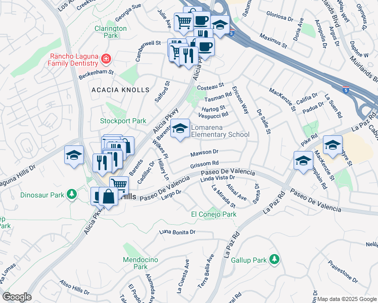 map of restaurants, bars, coffee shops, grocery stores, and more near 25100 Earhart Road in Laguna Hills