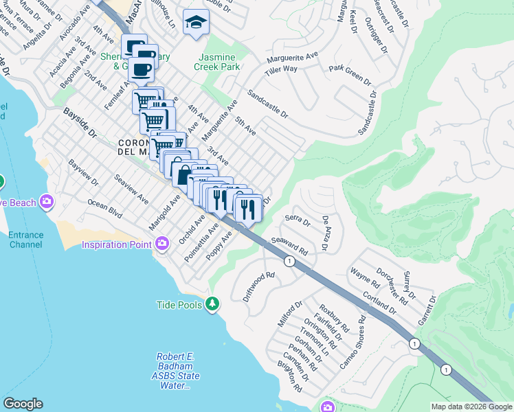 map of restaurants, bars, coffee shops, grocery stores, and more near 521 Poppy Avenue in Newport Beach