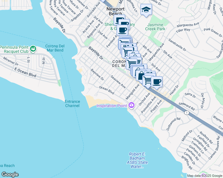map of restaurants, bars, coffee shops, grocery stores, and more near 219 Jasmine Avenue in Newport Beach