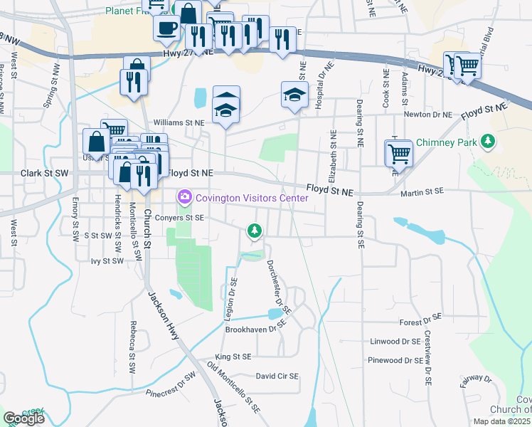 map of restaurants, bars, coffee shops, grocery stores, and more near 3115 Thompson Avenue Southeast in Covington