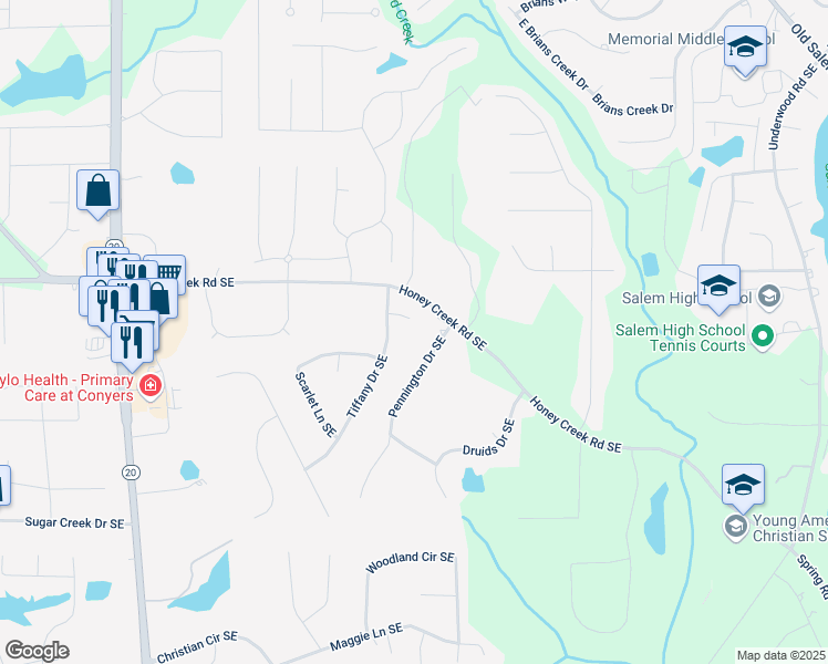 map of restaurants, bars, coffee shops, grocery stores, and more near 2505 Tiffany Court Southeast in Conyers