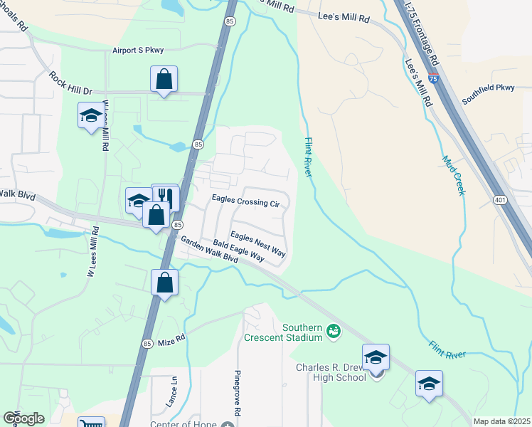 map of restaurants, bars, coffee shops, grocery stores, and more near 373 Eaglets Court in Riverdale