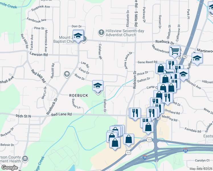 map of restaurants, bars, coffee shops, grocery stores, and more near 212 Rose Drive in Birmingham