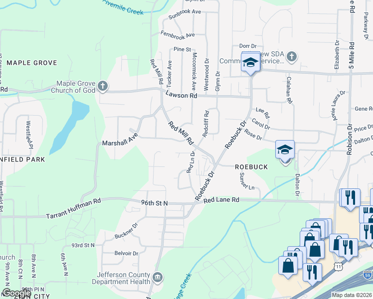 map of restaurants, bars, coffee shops, grocery stores, and more near 408 Cheri Lane in Birmingham