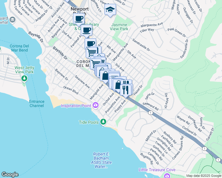 map of restaurants, bars, coffee shops, grocery stores, and more near 3519 East Coast Highway in Newport Beach