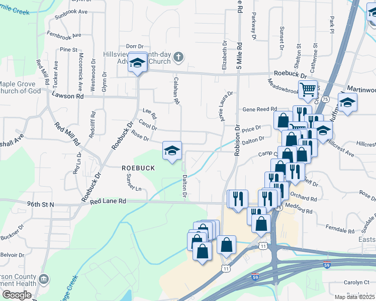map of restaurants, bars, coffee shops, grocery stores, and more near 200 Dalton Drive in Birmingham