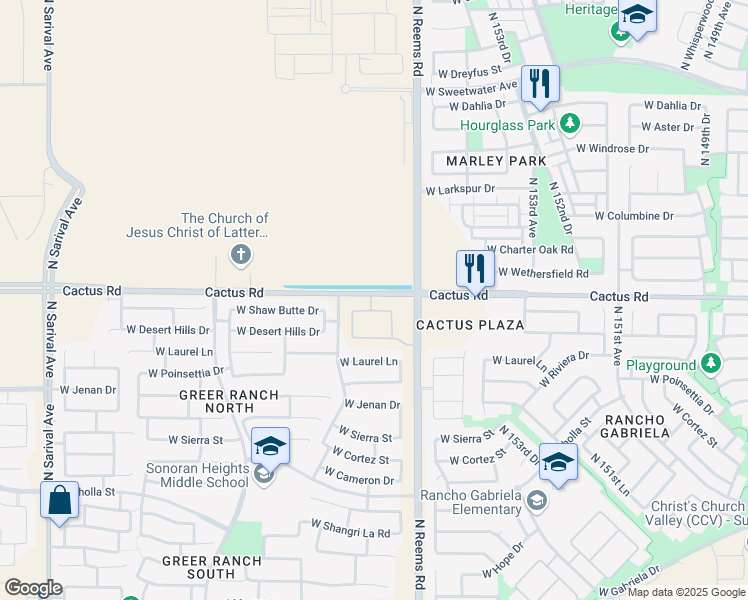 map of restaurants, bars, coffee shops, grocery stores, and more near 15532-15594 West Cactus Road in Surprise