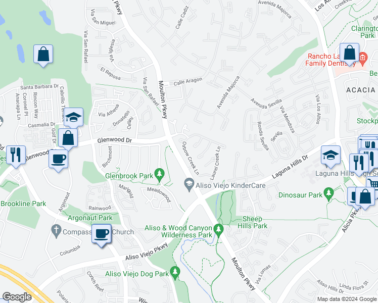 map of restaurants, bars, coffee shops, grocery stores, and more near 16 Oxbow Creek Lane in Laguna Hills