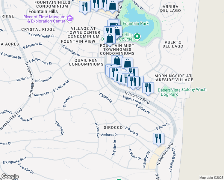 map of restaurants, bars, coffee shops, grocery stores, and more near 12015 North Saguaro Boulevard in Fountain Hills