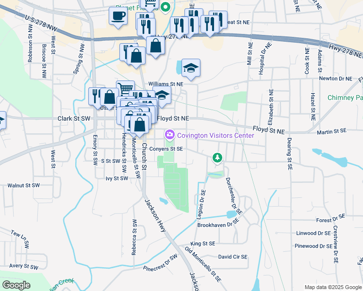 map of restaurants, bars, coffee shops, grocery stores, and more near 2141 Conyers Street Southeast in Covington