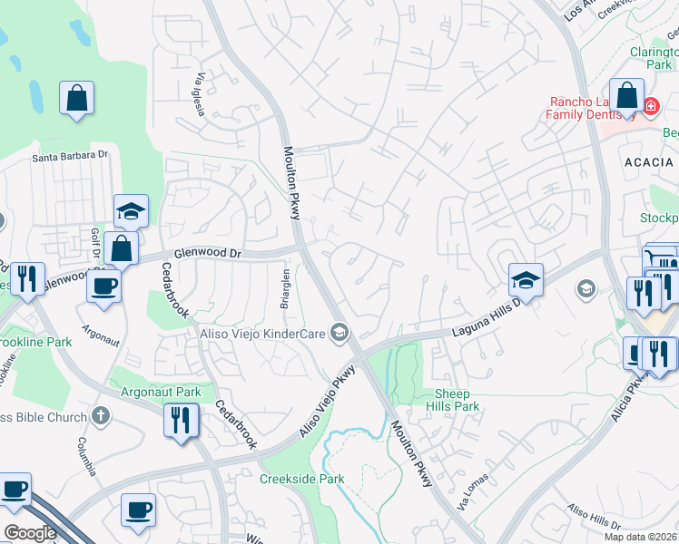 map of restaurants, bars, coffee shops, grocery stores, and more near 16 Oxbow Creek Lane in Laguna Hills