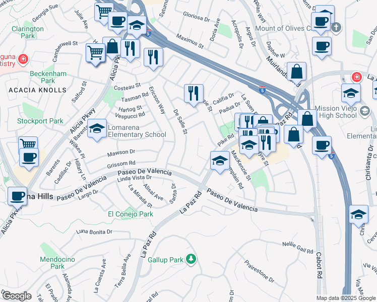 map of restaurants, bars, coffee shops, grocery stores, and more near 25292 De Salle Street in Laguna Hills