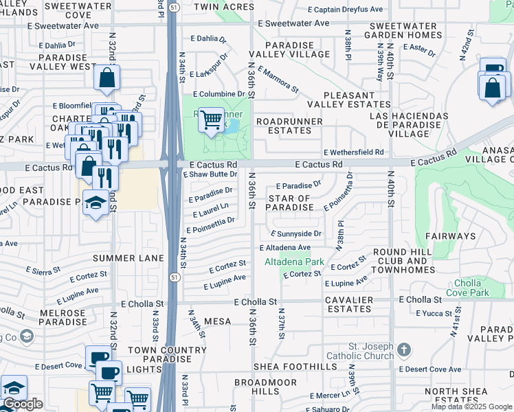 map of restaurants, bars, coffee shops, grocery stores, and more near 3620 East Laurel Lane in Phoenix