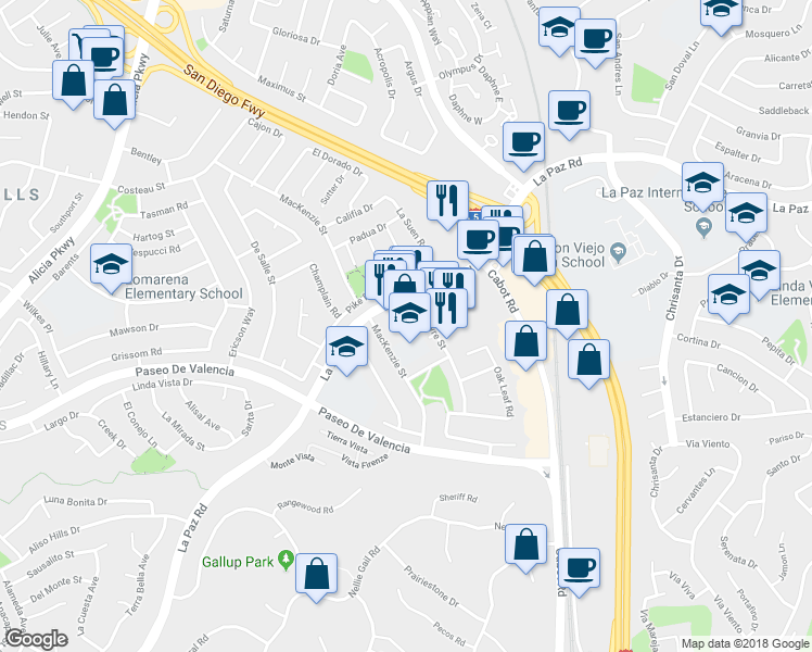map of restaurants, bars, coffee shops, grocery stores, and more near 25260 La Paz Road in Laguna Hills