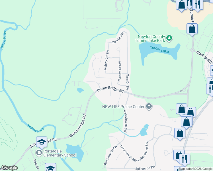 map of restaurants, bars, coffee shops, grocery stores, and more near 9195 Melody Circle Southwest in Covington