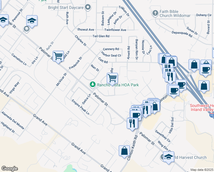 map of restaurants, bars, coffee shops, grocery stores, and more near 23001 Delca Lane in Wildomar