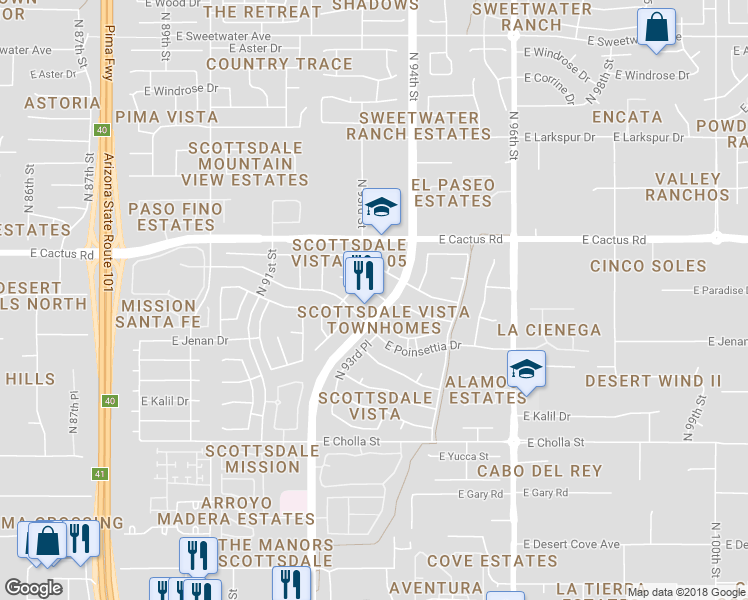 map of restaurants, bars, coffee shops, grocery stores, and more near 9319 East Jenan Drive in Scottsdale