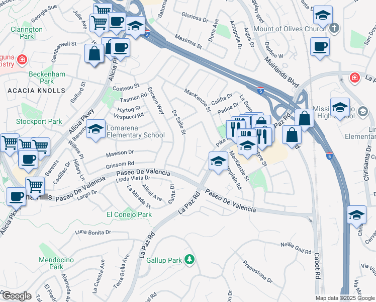 map of restaurants, bars, coffee shops, grocery stores, and more near 25292 De Salle Street in Laguna Hills