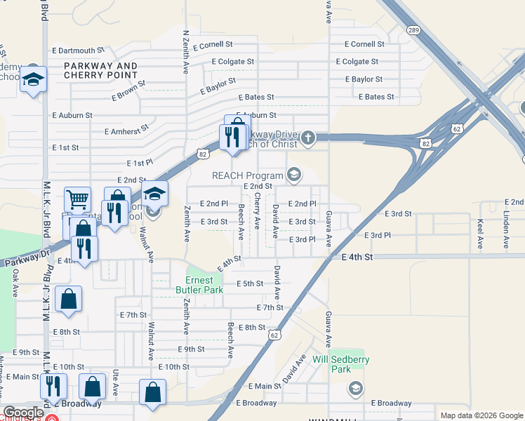 map of restaurants, bars, coffee shops, grocery stores, and more near 206 David Avenue in Lubbock