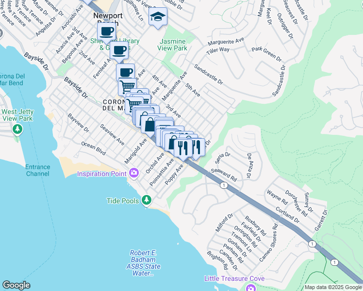 map of restaurants, bars, coffee shops, grocery stores, and more near Poinsettia Avenue in Newport Beach