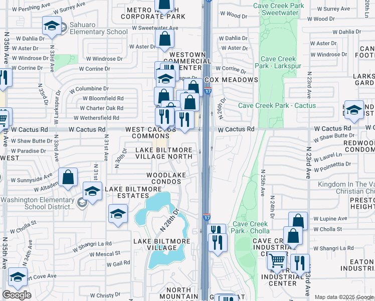 map of restaurants, bars, coffee shops, grocery stores, and more near 12027 North 28th Drive in Phoenix
