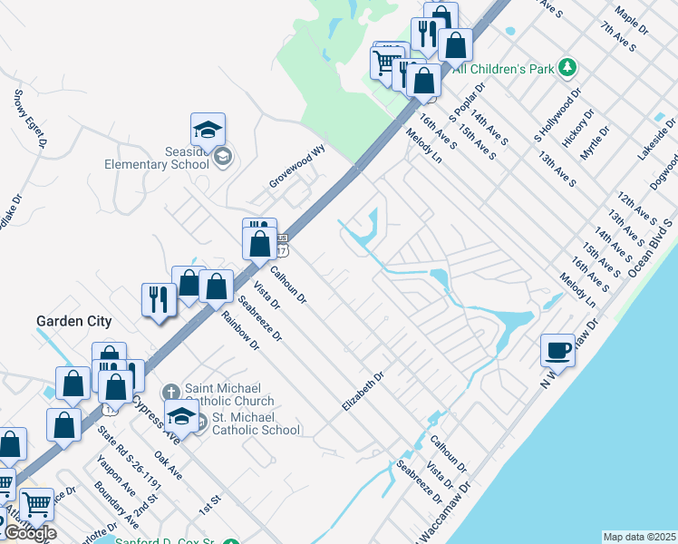 map of restaurants, bars, coffee shops, grocery stores, and more near 1525 Schooner Court in Murrells Inlet
