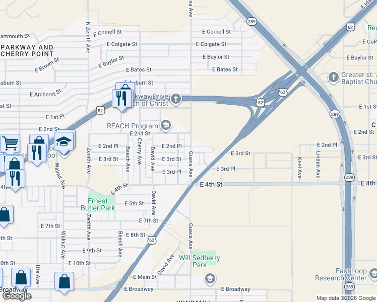 map of restaurants, bars, coffee shops, grocery stores, and more near 3203 East 2nd Place in Lubbock