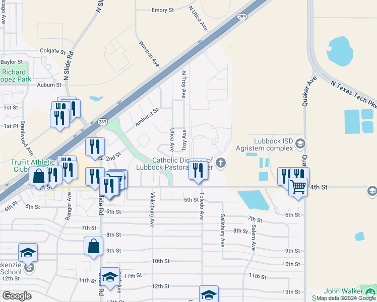 map of restaurants, bars, coffee shops, grocery stores, and more near 107 Troy Avenue in Lubbock
