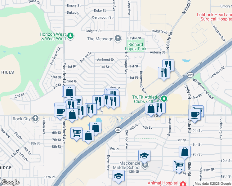 map of restaurants, bars, coffee shops, grocery stores, and more near 5514 2nd Street in Lubbock